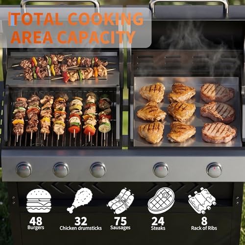 5-Burner Propane Gas Griddle – 40,000 BTU Convertible Flat Top Grill with Hood & Removable Cart – Portable for Camping, Tailgating, Backyard