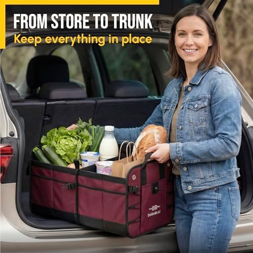 Car Trunk Organizer - Collapsible, Foldable - with Covering Net, Removable Dividers, Attachable Non-Slip Pads, Mounting Straps, and Stainless Hooks - for SUV, Truck, Sedan, Minivan, and Van - Cherry