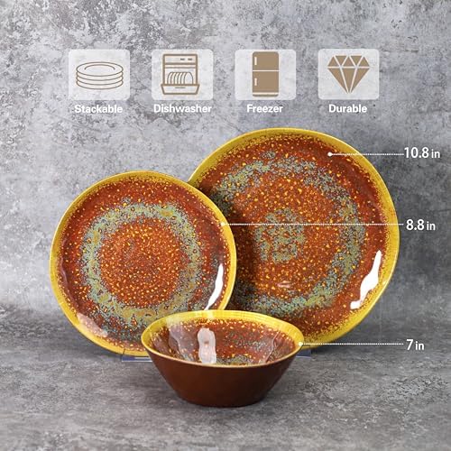 FINE&NICE Melamine Dinnerware Set of 12Pcs, Dish Set for 4, Lightweight Unbreakable Plate and Bowl Set for Patio, RV and Camping, Dishwasher Safe,Rusty Brown