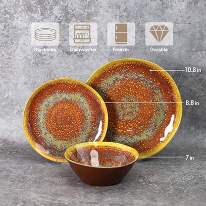 FINE&NICE Melamine Dinnerware Set of 12Pcs, Dish Set for 4, Lightweight Unbreakable Plate and Bowl Set for Patio, RV and Camping, Dishwasher Safe,Rusty Brown