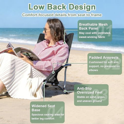 Romswi Low Beach Chairs for Adults 2 Pack, Lightweight Folding Sand Chairs with Breathable Mesh Back & Cup Holder, Portable Compact Camping Chairs, 300lbs Capacity,Black