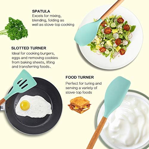 MIBOTE Silicone Cooking Kitchen Utensils Set, Wooden Handle, Teal