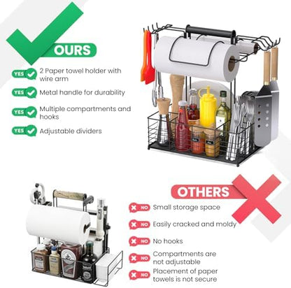 Grill Caddy for Outdoor Grill with 2 Paper Towel Holders,Barbecue Tool Sets Storage Organizer,BBQ Caddy for Outdoor Grill with 9 Compartments & 8 Hooks,Picnic Caddy Grilling Gifts for Men