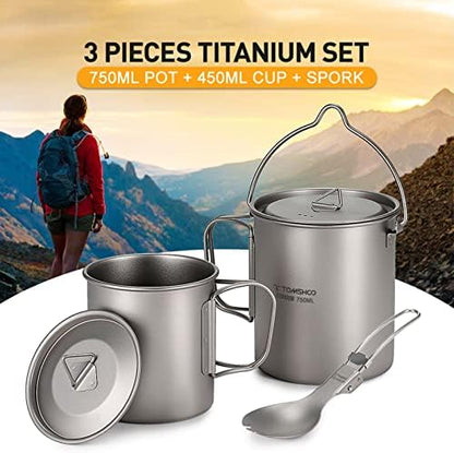 TOMSHOO 750ml Titanium Pot with Lid + 450ml Titanium Mug + Folding Spork