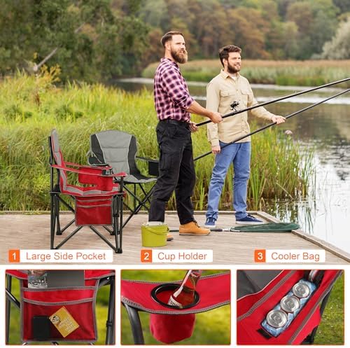 2 Pack Padded Oversized Camping Chairs for Adults,Heavy Duty Support 400 Lbs,Folding Portable Lawn Chair w/Cup Holder,Cooler Bag,Side Pocket,Perfect for Outdoor Picnic,Hiking(Red&Black)