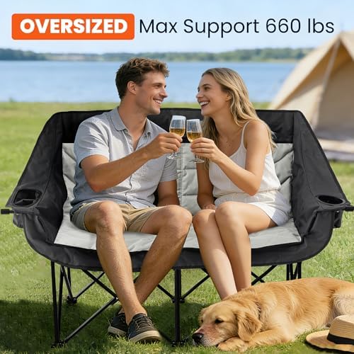 Asrug Padded Double Camping Chair 2 Person Portable Camping Chair Loveseat with Cup Holders and Side Pockets Heavy Duty Camp Couch for Outdoor Beach Fishing Garden 660lbs Support (Black & Light Gray)