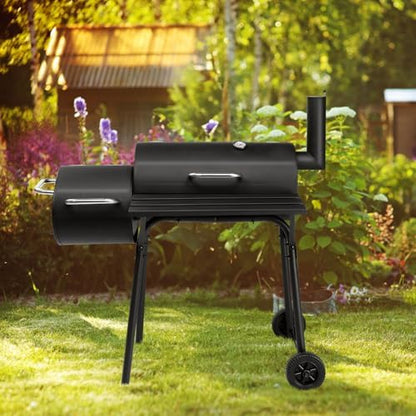 43.7" Portable Barrel Charcoal Grill,Metal Outdoor Barbecue Smoker,Heavy Duty Outdoor BBQ Grill,Vertical Camping Barbecue Grill,with Side Table & Wheels,for Garden Patio Beach Backyard (Black)