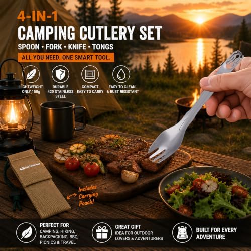 Camping Cutlery Set with Built-in Tongs, 4-in-1 Camping Utensils, Spoon Fork Knife Combo, Compact Stainless Steel Flatware for Camping, Backpacking, Hiking, Picnic, RV & Trave (2-Pack)