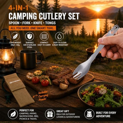 Camping Cutlery Set with Built-in Tongs, 4-in-1 Camping Utensils, Spoon Fork Knife Combo, Compact Stainless Steel Flatware for Camping, Backpacking, Hiking, Picnic, RV & Trave (2-Pack)