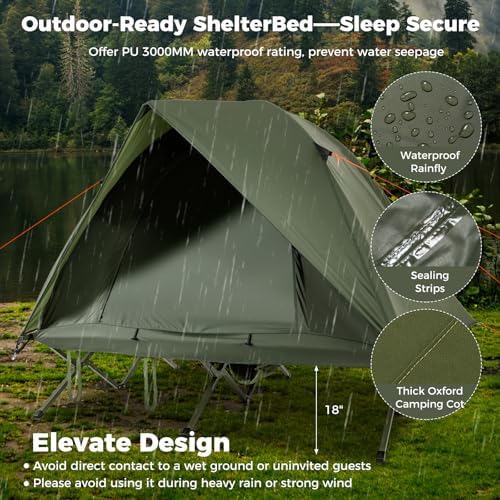 GYMAX 2-Person Tent Cot, 3 in 1 Folding Off-Ground Cot Bed Combo with Portable Wheeled Bag, Waterproof Rainfly, 2 Mesh Doors & Skylight Roof for Hiking, Backpacking, Outdoor