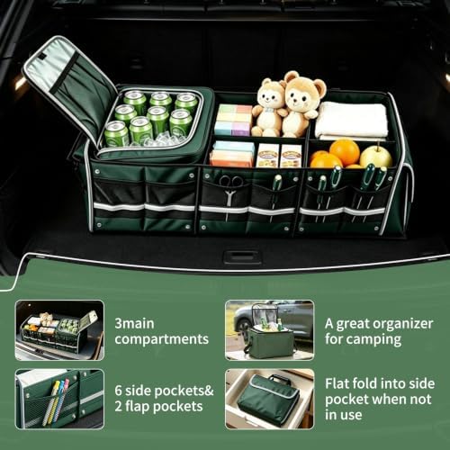 Car Trunk Organizer with Cooler Bag, Collapsible Multi-Compartment Storage Organizer for SUV Truck (Green)