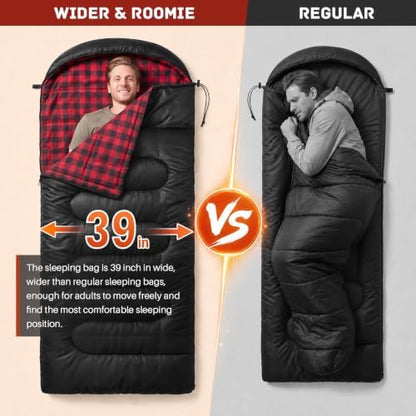 Uniqwamer Sleeping Bag for Adults Kids - 4 Seasons Cold & Warm Weather Flannel Camping Sleeping Bags, Lightweight & Waterproof 45°F Sleeping Bag for Camping Hiking Outdoor Travel