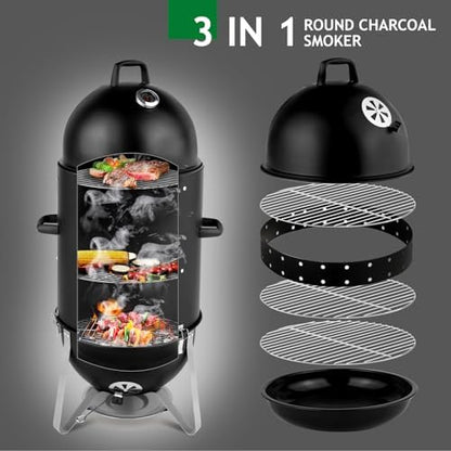 Outvita Vertical 18.8 Inch Steel Charcoal Smoker, 3-in-1 Portable, Black