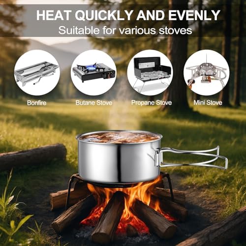 Stainless Steel Camping Cookware Mess Kit - Portable Backpacking Cooking Set with Pot/Plates/Cups & Storage Bag, Outdoor Cookware for Hiking, Picnic, Camping & Backpacking Adventures（8PCS）