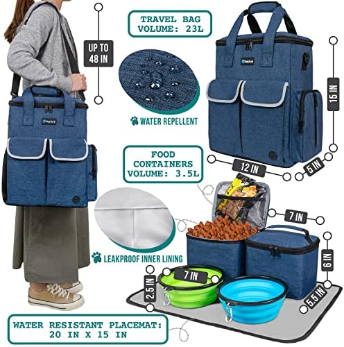 PetAmi Dog Travel Bag Pet Supplies Accessories Organizer for Traveling, Camping, Weekend; Cat Pet Travel Bag Kit Includes 2 Food Storage Containers, 2 Collapsible Bowls, 1 Feeding Mat (Navy Blue)