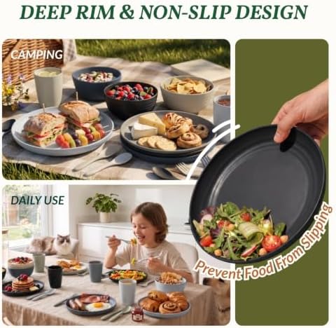 Homienly Wheat Straw Dinnerware Sets 20 PCS Unbreakable Plates and Bowls Set Microwave & Dishwasher Safe Dishes Set for 4 Kitchen Plate Set Party, Camping, RV, Picnic, Apartment-Black Grey