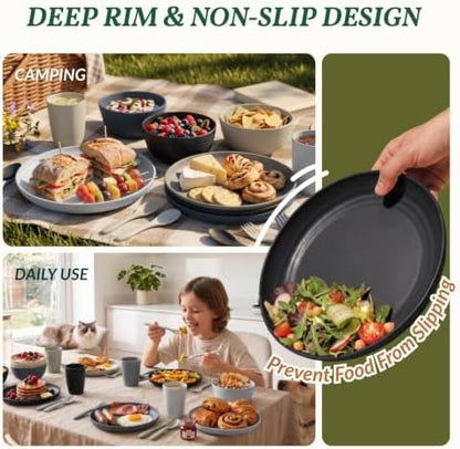 Homienly Wheat Straw Dinnerware Sets 20 PCS Unbreakable Plates and Bowls Set Microwave & Dishwasher Safe Dishes Set for 4 Kitchen Plate Set Party, Camping, RV, Picnic, Apartment-Black Grey