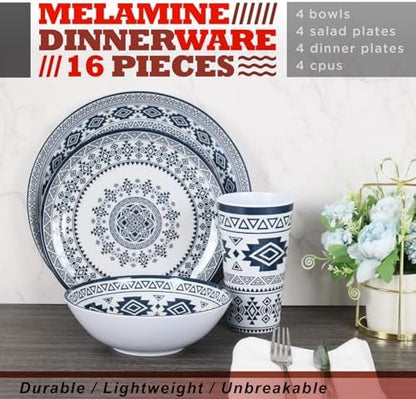 Melamine Dinnerware Set for 4-16 Pcs:Camping Dishes Set with Dinner Plates,Salad Plates, Bowls and Cups.Lightweight and Unbreakable.Indoor and Outdoor Use.