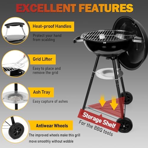 Joyfair Kettle Charcoal Grill, 18 Inch Outdoor Portable Camping BBQ Grills
