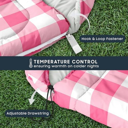 Wake In Cloud - Kids Sleeping Bag for Boys Girls Toddlers, Camping in Warm Cold Weather, Backpacking Lightweight Compact Outdoor Liner for 3 Seasons, Gingham Plaid
