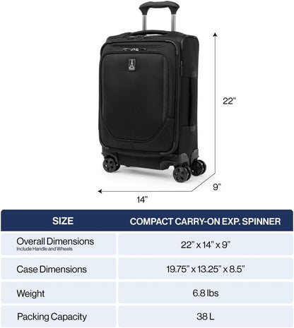 Travelpro Crew Classic Lightweight Softside Expandable Carry on Luggage, 8 Wheel Spinner Suitcase, Men and Women, Compact Carry On 20-Inch, Titanium Grey