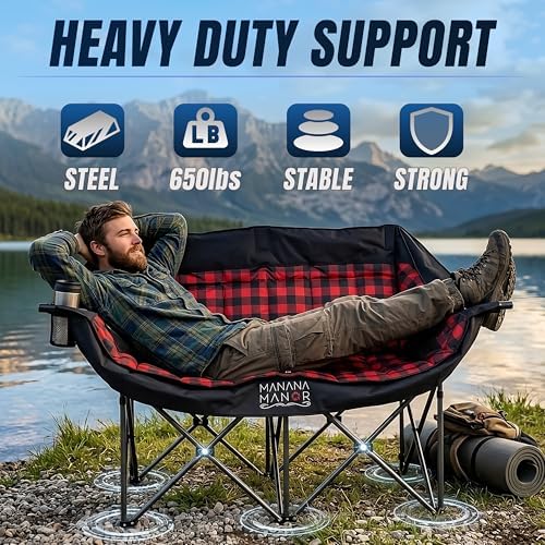 2 Person Camping Chair - Double Folding Chair for Adults - Supports 650 Pounds - Extra Padded Double Seat Camping Chair - Portable 2 Person Camping Couch for Patio and Beach