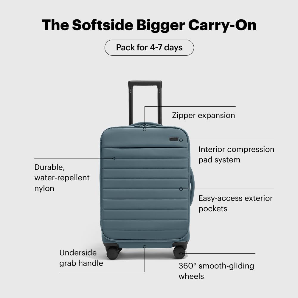 Away Softside Bigger Carry-On Suitcase, 23 Inch Lightweight, Expandable High-Strength Nylon Luggage With Spinner Wheels, Meets Requirements for Most Major Airlines, Coast Blue