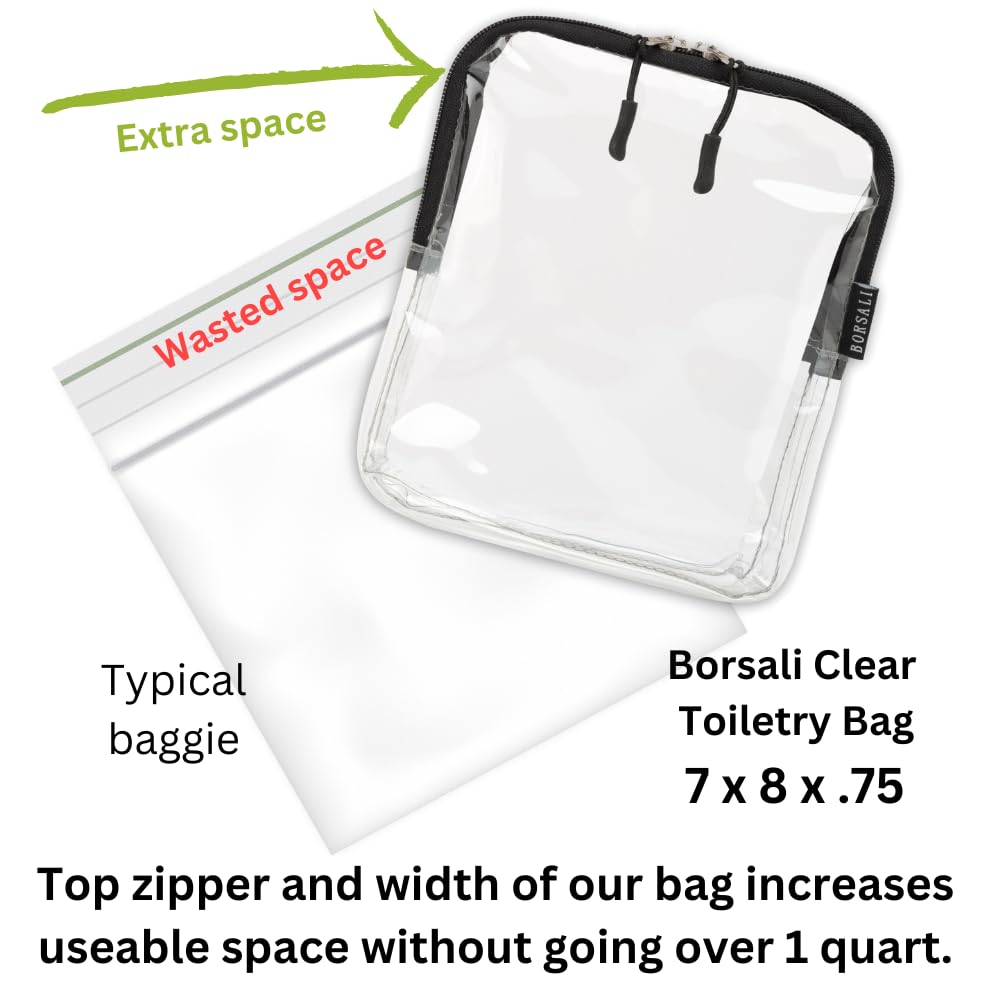 BORSALI TSA-Approved Quart-Sized Bag for Carry-On Travel - One (1) Quart Clear Toiletries, Cosmetic and 3-1-1 Liquids Toiletry Bag - 5 Pack Colors