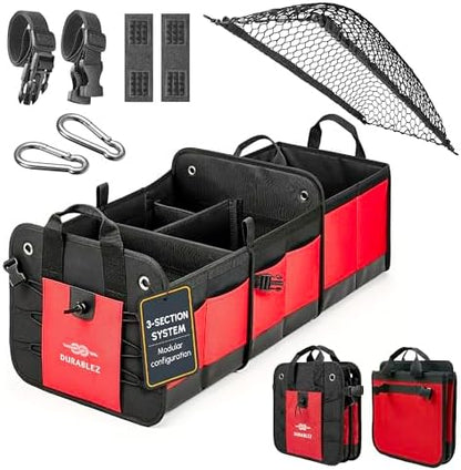 Large Car Trunk Organizer, Modular & Collapsible, 3 Compartment, Red