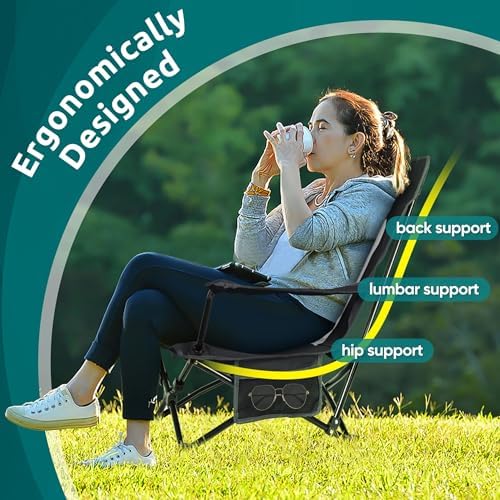 HaSteeL Low Beach Chairs, 2Pcs Folding Camping Lawn Chairs - Black
