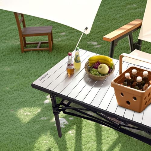 Large Folding Camping Table Aluminum with Storage for 4-6 People 55"X27.5" Roll Up Tall Outdoor Portable Table Lightweight with Carry Bag for Picnic BBQ Backyard Beach