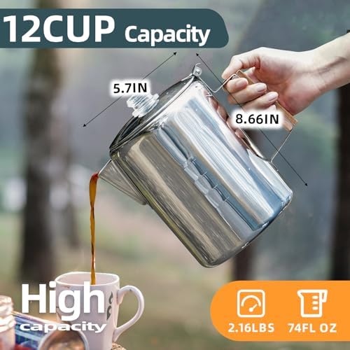 MEREZA Camping Percolator Coffee Pot 12 Cup Stove Top Coffee Percolator Non Electric Coffee Maker Camping Stainless Steel Coffee Pot Outdoors Home No Aluminum & Plastic Fast Brew