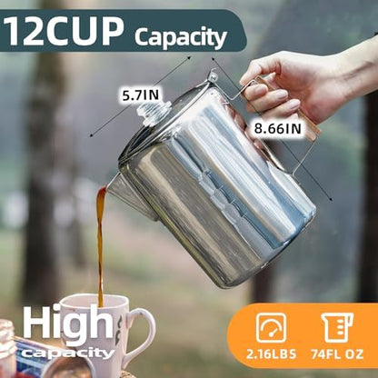 MEREZA Camping Percolator Coffee Pot 12 Cup Stove Top Coffee Percolator Non Electric Coffee Maker Camping Stainless Steel Coffee Pot Outdoors Home No Aluminum & Plastic Fast Brew