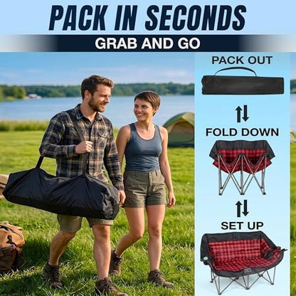 2 Person Camping Chair - Double Folding Chair for Adults - Supports 650 Pounds - Extra Padded Double Seat Camping Chair - Portable 2 Person Camping Couch for Patio and Beach
