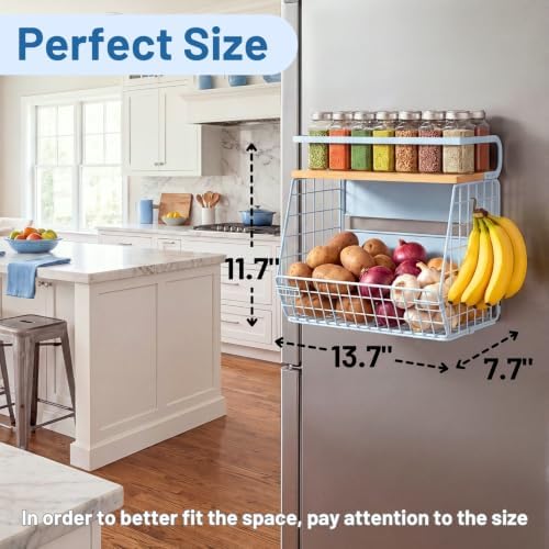 Magnetic Shelf for Fridge with Wood Lid, Fruit Potato and Onion Storage Bins, Pantry Organizers & Storage, Large Container Magnetic Spice Rack for Refrigerator, Kitchen Counter, Cabinet (Blue, 2)
