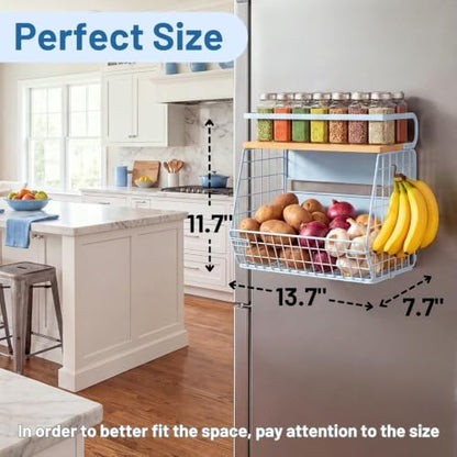 Magnetic Shelf for Fridge with Wood Lid, Fruit Potato and Onion Storage Bins, Pantry Organizers & Storage, Large Container Magnetic Spice Rack for Refrigerator, Kitchen Counter, Cabinet (Blue, 2)