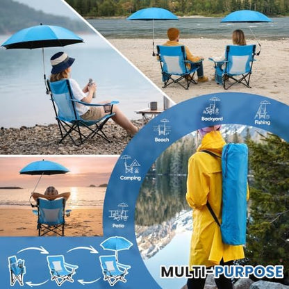 HaSteeL Low Beach Chairs, 2Pcs Camping Chairs with Umbrellas - Blue