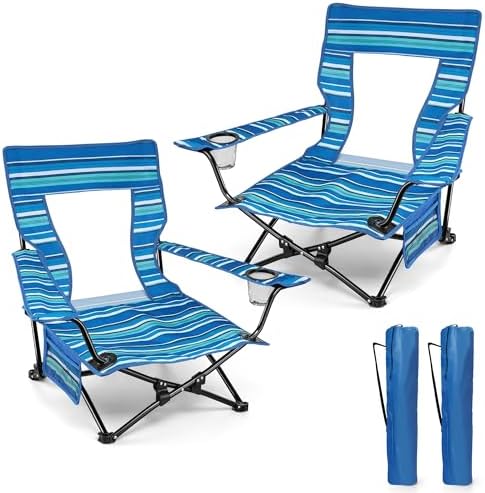 HaSteeL Low Beach Chairs, 2Pcs Folding Camping Lawn Chairs - Striped