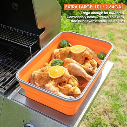 Silicone Collapsible Marinating Container with Lid for Meat, 2.64Gal/10L, Extra Large Collapsible BBQ Prep Tub, Transparent Locking Lid, XL Grill Prep Trays and Carry System, BBQ Must-Have, Orange