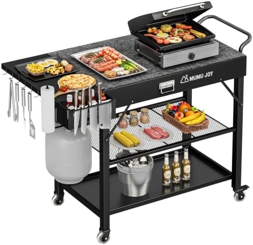 Grill Cart, 19 inch,3 Tier Foldable Grill Table with Wheels 500 Lb