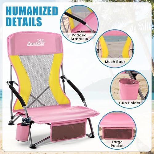 Lamberia Folding Beach Chair for Adults 2 Pack, Portable Low Beach Chairs with 300lbs Capacity, Lightweight Fodable Camping Chair for Travel, Picnic, Concert & Outdoor Activities,Pink-Yellow
