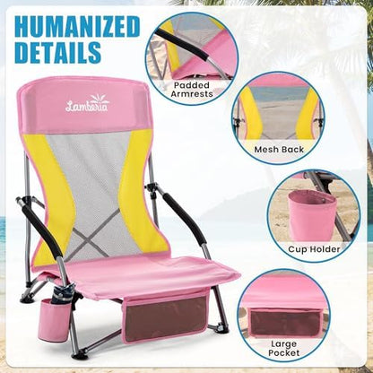 Lamberia Folding Beach Chair for Adults 2 Pack, Portable Low Beach Chairs with 300lbs Capacity, Lightweight Fodable Camping Chair for Travel, Picnic, Concert & Outdoor Activities,Pink-Yellow