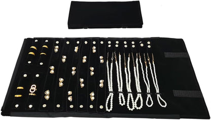 Velvet Travel Jewelry Case Roll Bag Organizer for Necklace Bracelet Earrings Ring (Black) (Black(2+6+6))