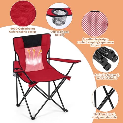 Shellwei 2 PCS Folding Camping Chair with Cupholder and Carry Bag Regular Size Colorful Breathable Portable Lightweight Lawn Chair with Side Pocket for Fishing Hiking Beach Outdoor Activity