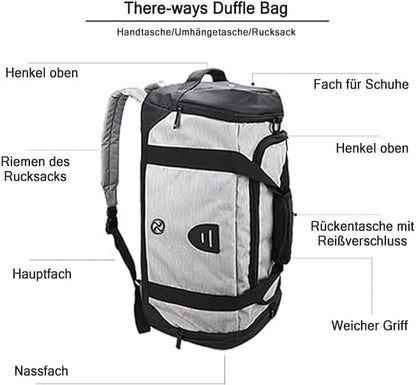 Gym Duffle Bag Backpack Waterproof Sports Duffel Bags Travel Weekender Bag for Men Women Overnight Bag with Shoes Compartment Grey