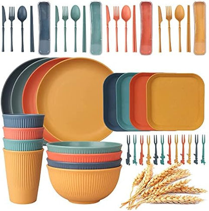 48Pcs Unbreakable Dinnerware Sets for 4 People, Camping Plates and Bowls Set, Picnic Dinner Sets, Serving Plates