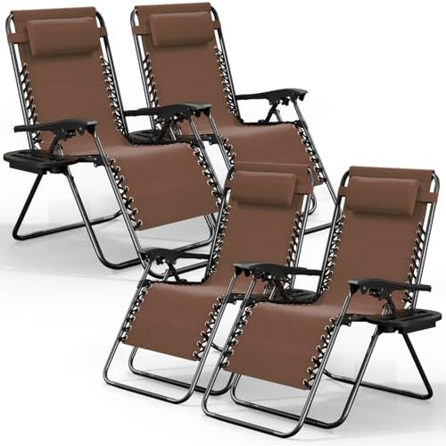 Nestl Zero Gravity Chairs Set of 4, Patio Lounge Chair Outdoor with Pillows & Cup Holder Trays, Adjustable Steel Mesh Reclining Camping Chair, Folding Patio Lawn Chair for Deck, Beach, Yard - Brown