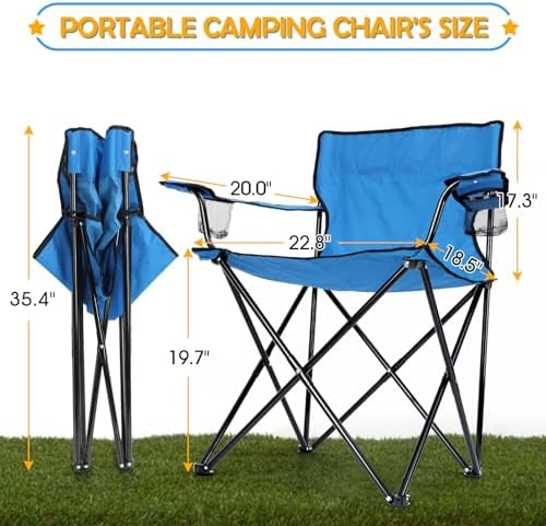 HaSteeL Folding Camping Chair Set of 3, Foldable Blue Camp Chairs & Grey Table, Large Lawn Chair Portable for Adults Hiking, Fishing, Picnic, Outdoor BBQ, Travel, Sports, Cup Holders & Storage Bags