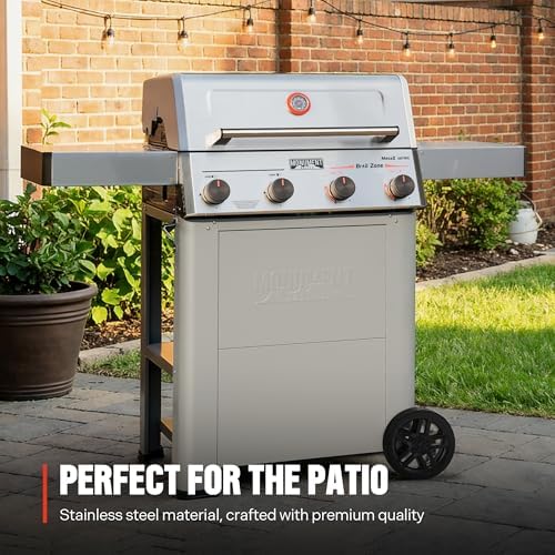 Monument Grills 4 Burner Propane Mesa 2 Gas Grill with Broil Zone, Stainless Steel Outdoor Patio Barbecue Grill with Cover, Foldable Side Shelves, Fast Heating, Fast Assembly, Mesa II 410FBZ