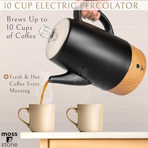 Moss & Stone 10 Cup Black Electric Percolator Coffee Pot, Stainless Steel